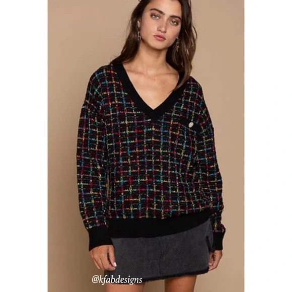 POL Multicolor Tweed V-Neck Sweater - Black Base - Picture 2 of 7